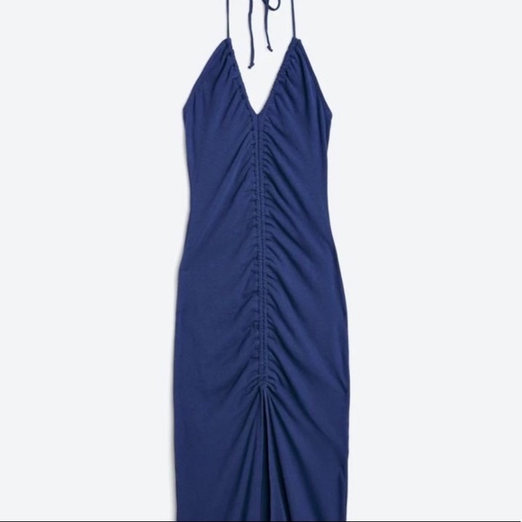 Revolve Sundry Blue Ruched Midi Halter Dress Slub Front Slit NWT Size XL (4) - Picture 4 of 7
